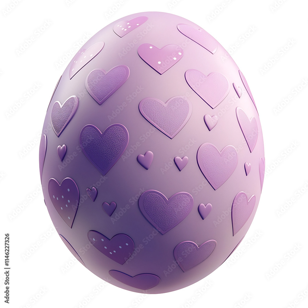 Stylized 3D Purple Easter Egg with Heart Patterns on Isolated White Background