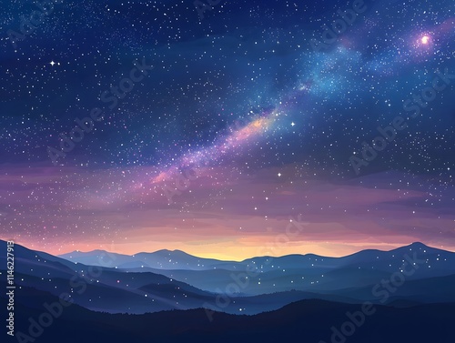 Starry sky with Milky Way galaxy and colorful stars on a night background. Beautiful forest landscape with trees and sunlight in autumn, a sunny day in the pine woods. Great for a background