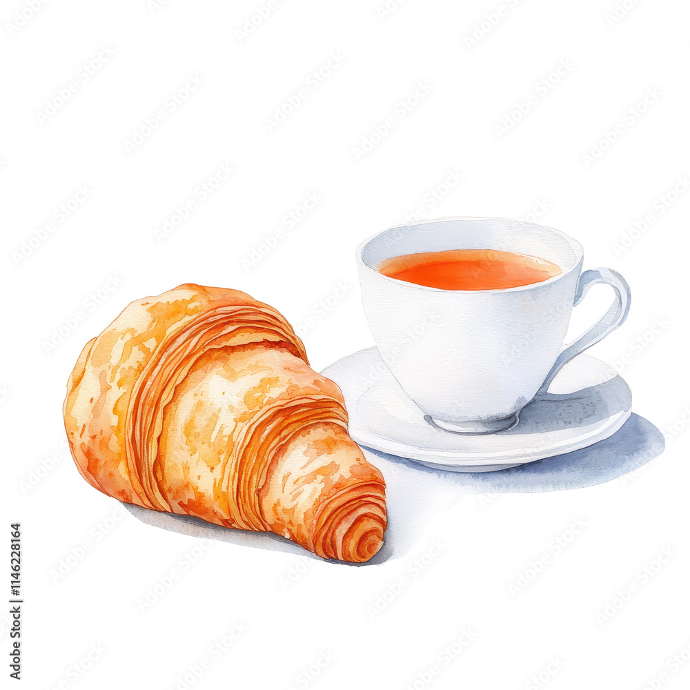 Elegant Watercolor of Golden Croissant and Tea Cup Elegant Watercolor of Golden Croissant and Tea Cup