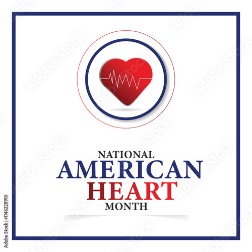 American heart month. Vector banner for social media. Illustration with text American heart month 2025. The U.S. flag in the shape of a heart