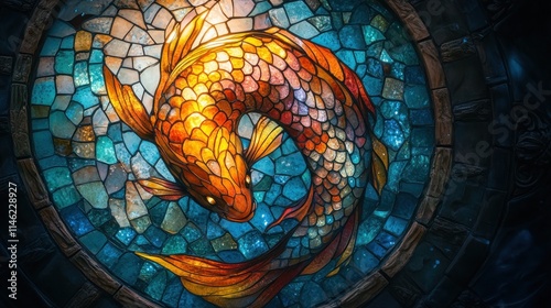 A vibrant stained glass depiction of a koi fish surrounded by colorful mosaic tiles.