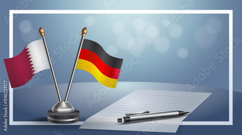 Qatar and Germany National flags on small table with bokeh background, cooperative relationship