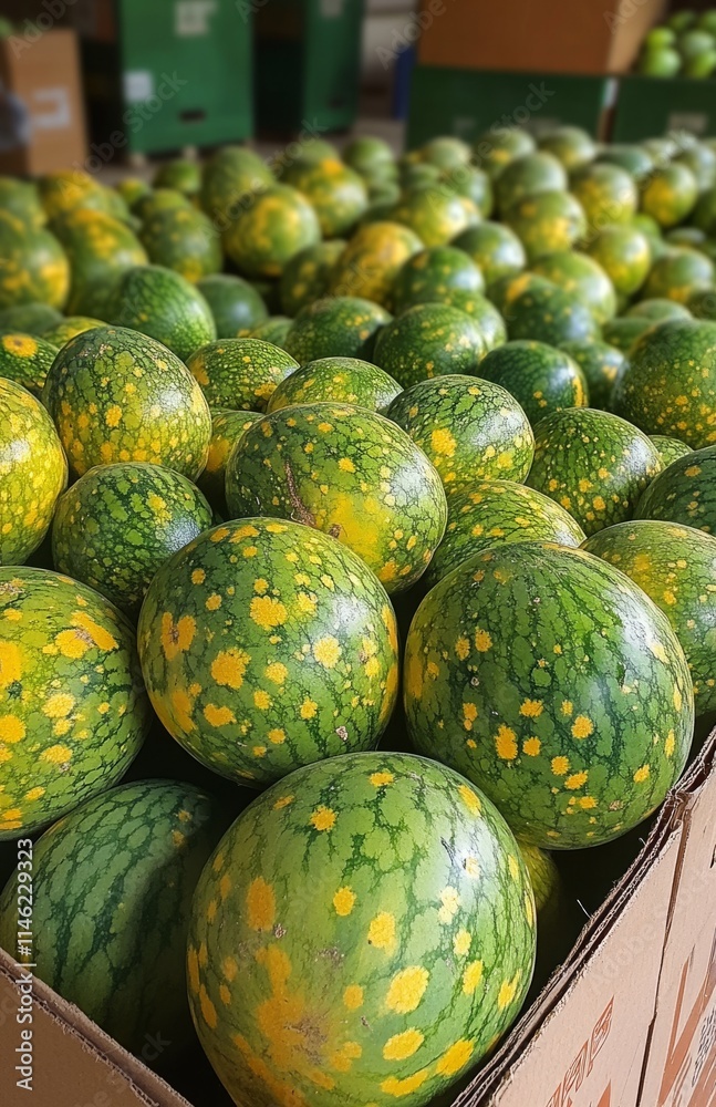 Fresh green watermelons with yellow spots in market display