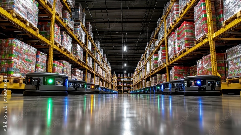 An automated warehouse with rows of shelves stacked high with goods, as autonomous robots glide seamlessly between aisles, retrieving and delivering items to workers at loading stations. An automated warehouse with rows of shelves stacked high with goods, as autonomous robots glide seamlessly between aisles, retrieving and delivering items to workers at loading stations.