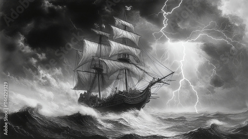 Illustration of a pirate ship sailing on a stormy sea, with lightning striking in the background.
