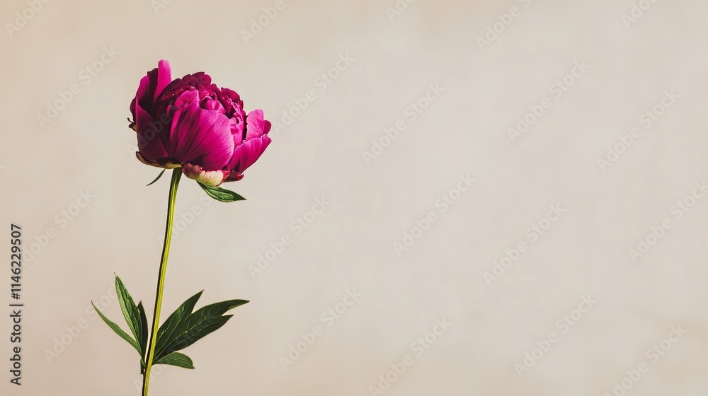 A solitary vibrant magenta peony against a light taupe background, close-up shot, Minimalist style A solitary vibrant magenta peony against a light taupe background, close-up shot, Minimalist style