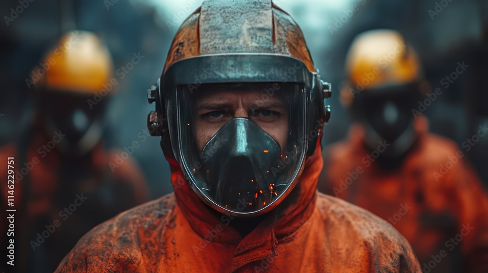 Fototapeta premium Close-up of a firefighter's face, covered in soot and wearing protective gear, during a rescue operation.