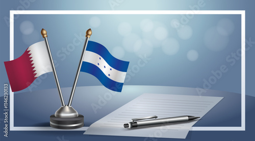 Qatar and Honduras National flags on small table with bokeh background, cooperative relationship