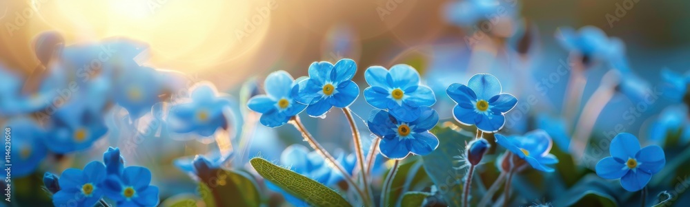 Many blue flowers that are growing in the grass, plant background, banner, copy space Many blue flowers that are growing in the grass, plant background, banner, copy space