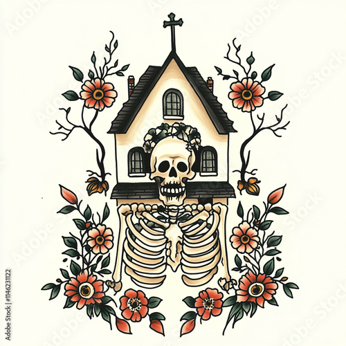 Haunted House tattoo flash illustration photo