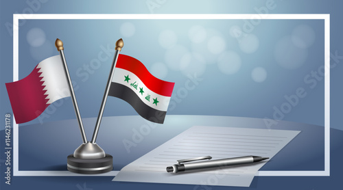 Qatar and Iraq National flags on small table with bokeh background, cooperative relationship