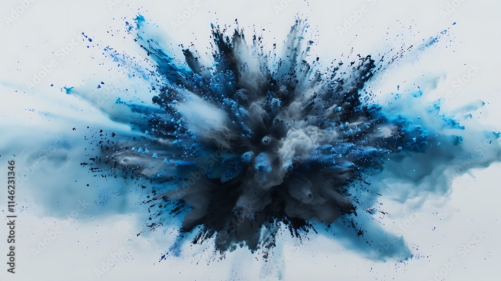 A burst of blue powder exploding into the air with a misty effect, captured with high clarity against a white backdrop. A burst of blue powder exploding into the air with a misty effect, captured with high clarity against a white backdrop.