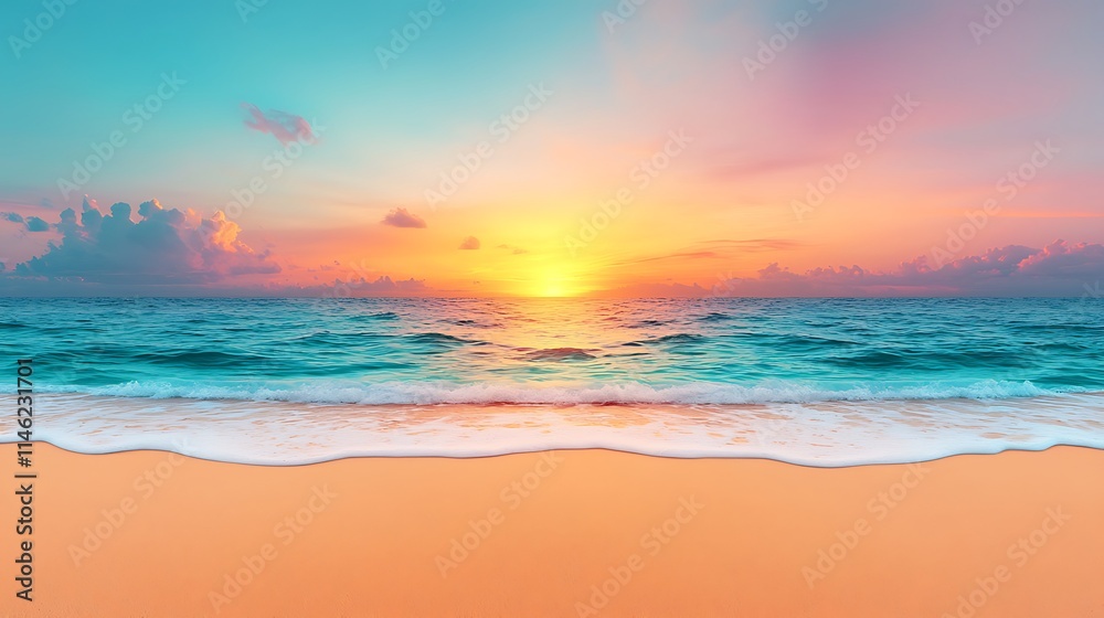 Serene Sunset Beachscape Peaceful Ocean Waves and Golden Sand Serene Sunset Beachscape Peaceful Ocean Waves and Golden Sand
