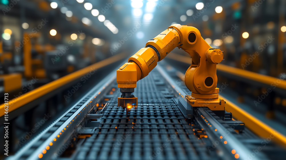 Industrial Robotic Arm Operating on a Manufacturing Conveyor Belt Industrial Robotic Arm Operating on a Manufacturing Conveyor Belt