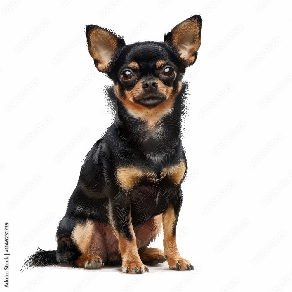 A black and tan chihuahua sits with its ears perked up and looking directly at the camera. A black and tan chihuahua sits with its ears perked up and looking directly at the camera.