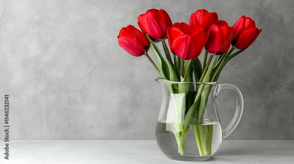 Red Tulips in a Glass Pitcher on a Gray Background Red Tulips in a Glass Pitcher on a Gray Background