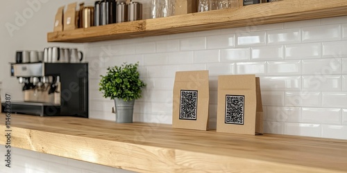 A minimalist coffee shop interior featuring a wooden counter  potted plant  and QR-coded packages on display.