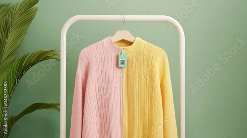 A vibrant, two-tone cardigan hangs on a rack against a pastel green background, showcasing its stylish pink and yellow colors.
