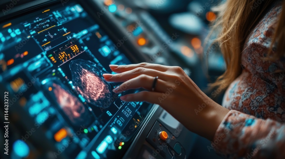 Obraz premium Close-up of a hand interacting with a medical diagnostic touchscreen displaying an image.