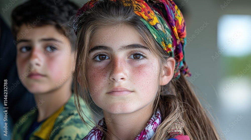Portrait of a girl with freckles, wearing a headscarf, with a boy in the background.