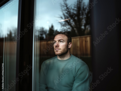 Reflective Male Portrait Through Window in Moody Outdoor Setting 