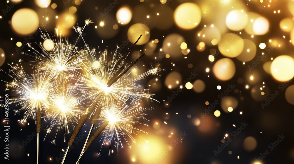 Naklejka premium Sylvester New Year, New Year's Eve 2025 party event celebration holiday greeting card - Closeup of sparkling sparklers and bokeh lights in the background