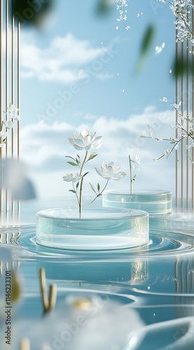 A light blue and green glass podium with water ripples, small white flowers on the surface of mountains and clouds in Chinese style, bamboo leaves flying around, soft dreamy depiction