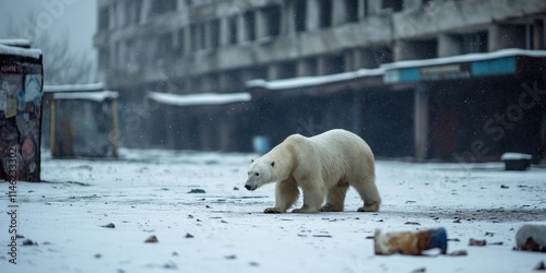 A polar bear cautiously walks through a deserted street, sniffing around bins photo