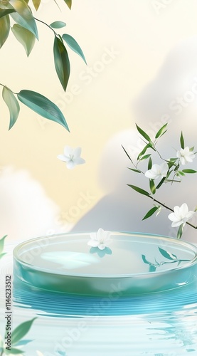 A light blue and green glass podium with water ripples, small white flowers on the surface of mountains and clouds in Chinese style, bamboo leaves flying around, soft dreamy depiction