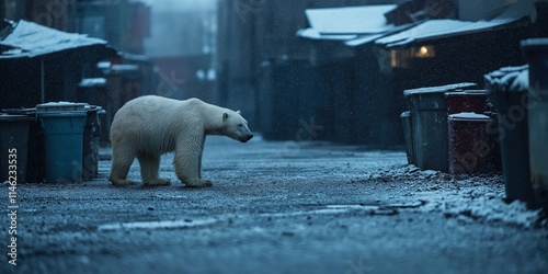 A polar bear cautiously walks through a deserted street, sniffing around bins photo