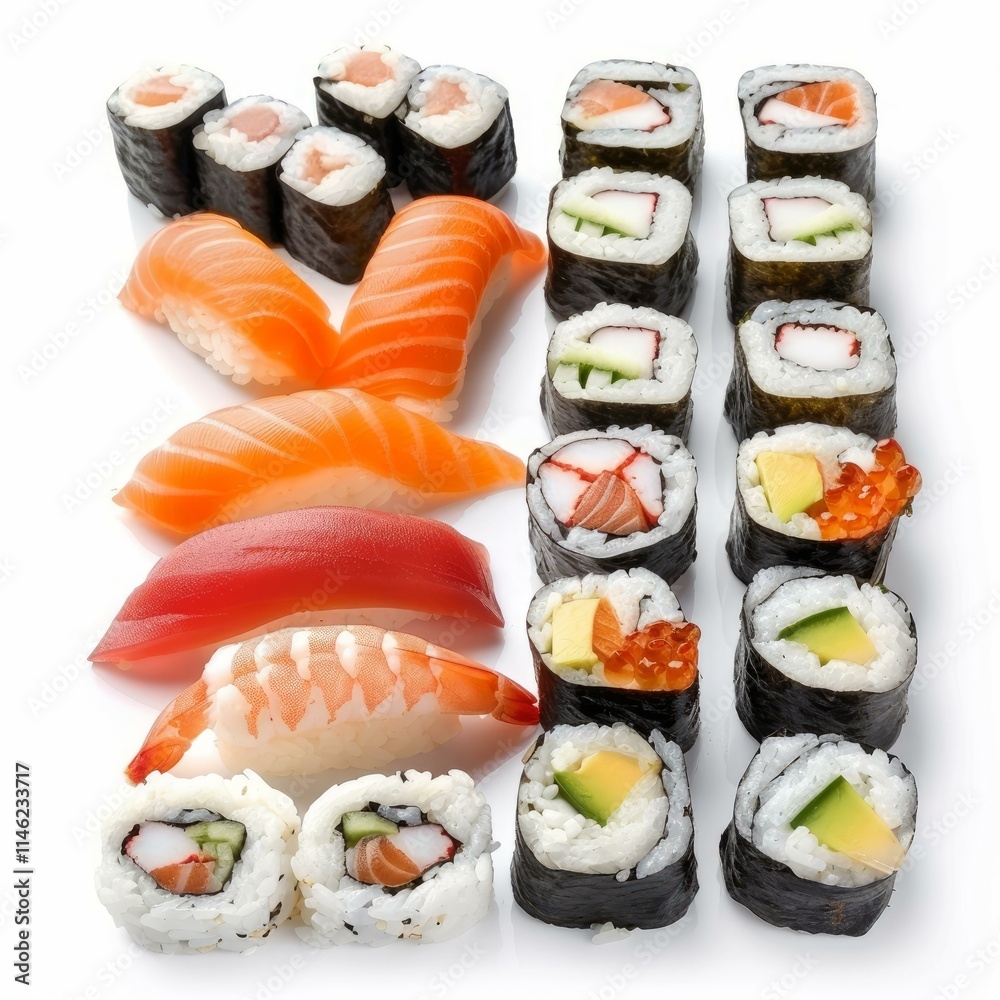 Freshly prepared sushi assortment featuring nigiri and maki rolls, showcasing various ingredients and flavors Freshly prepared sushi assortment featuring nigiri and maki rolls, showcasing various ingredients and flavors