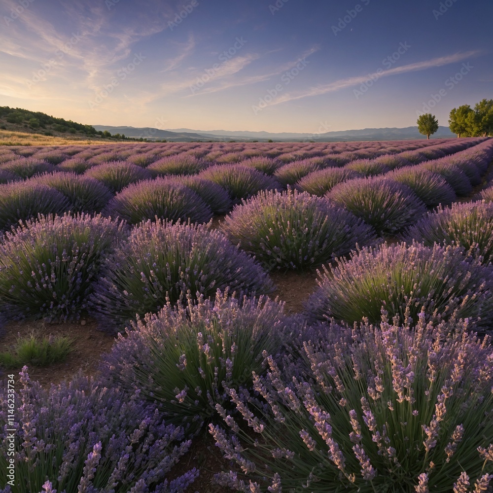 Obraz premium A tranquil meadow with lavender fields stretching to the horizon.