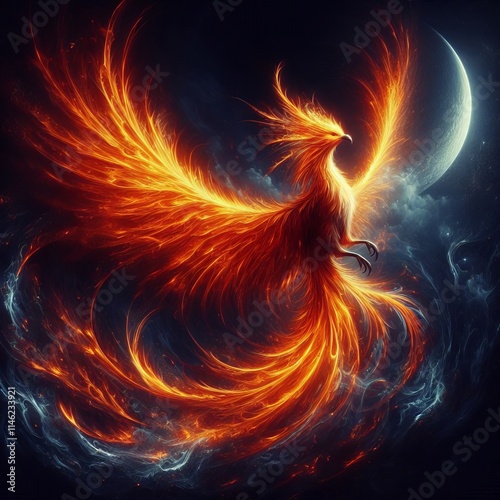 Mythical Phoenix A phoenix rising from the ashes fiery feathers