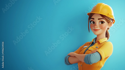 a cartoon worker wearing safety clothes, arms crossed on the side of a wall with space for text on a blank background