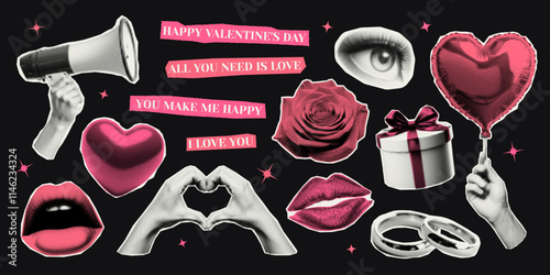 Collage elements for Valentine's Day cut from paper with halftone effect. Trendy vintage sticker for card, banner, background.