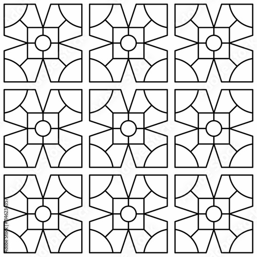 Seamless black and white geometric pattern consisting of symmetrical shapes in a grid layout. Suitable for backgrounds, textiles and various creative projects.