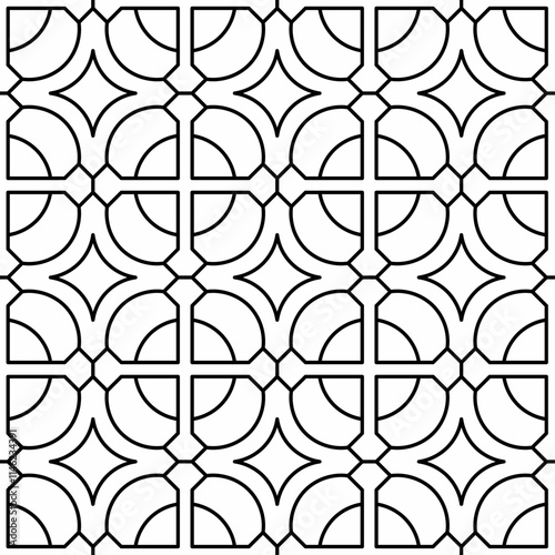 Seamless black and white geometric pattern consisting of semicircle and quarter shapes forming a square structure. Suitable for backgrounds, textiles and various graphic design projects.