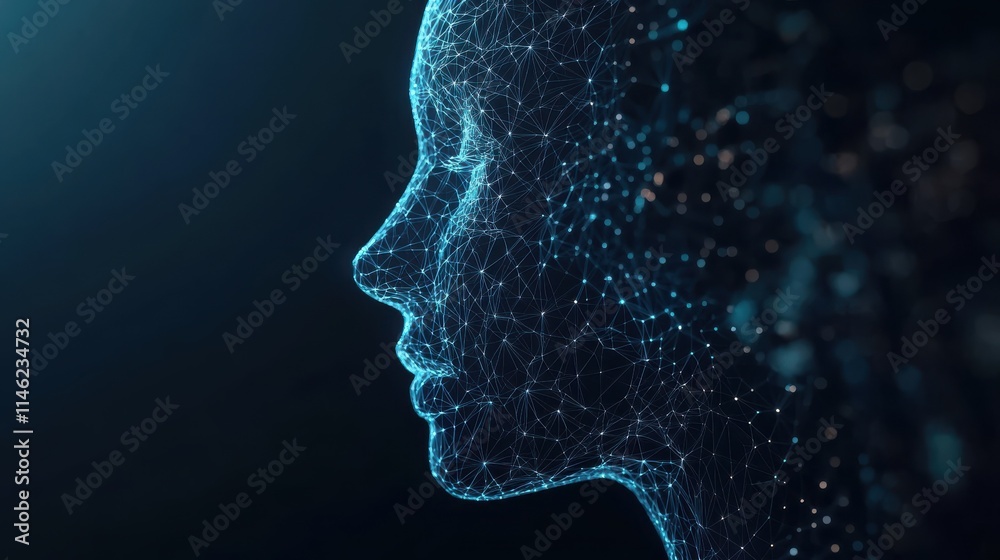 Abstract polygonal head outline on dark backdrop with mock up place. AI and human mind concept. 3D Rendering Abstract polygonal head outline on dark backdrop with mock up place. AI and human mind concept. 3D Rendering