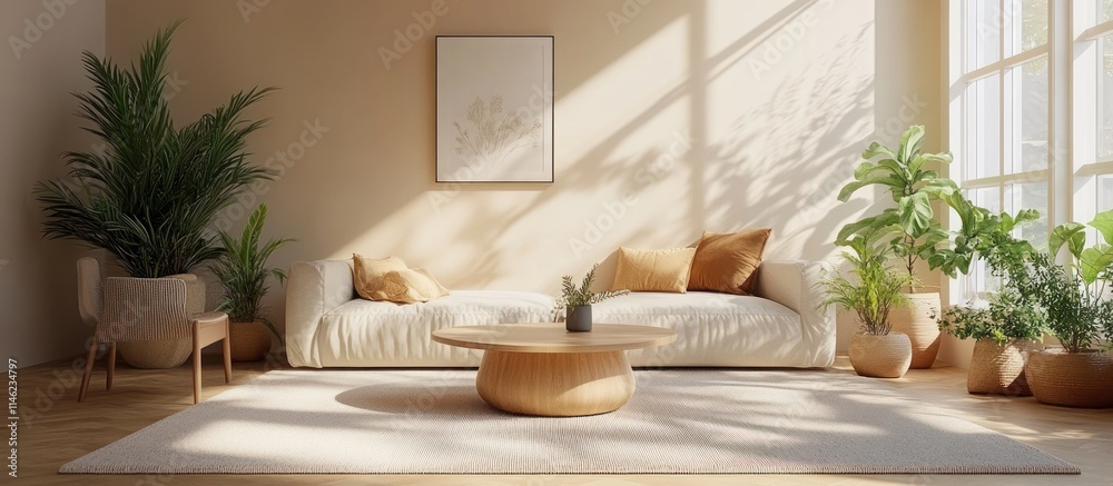 Fototapeta premium Cozy living room with natural light, plants, and neutral tones for relaxation and comfort.