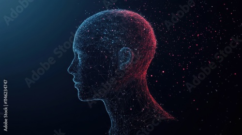 Abstract polygonal head outline on dark background with mock up place. AI and human mind concept. 3D Rendering photo