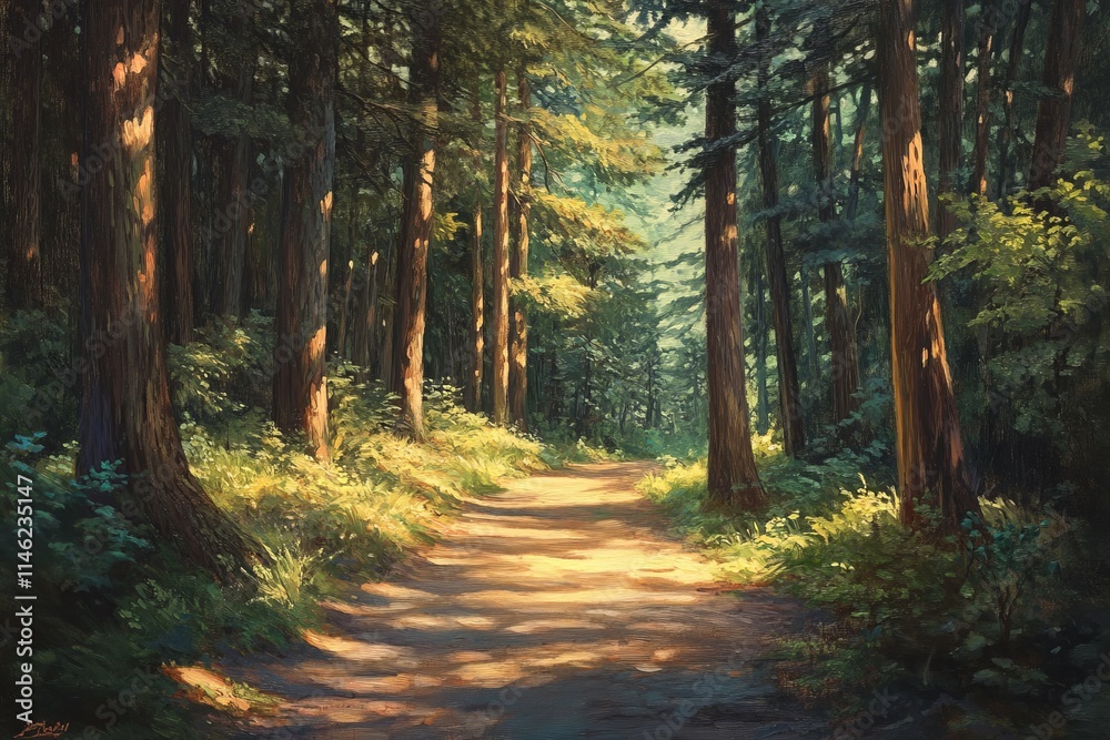 Sunlit path through a lush, green forest with tall trees casting shadows. Sunlit path through a lush, green forest with tall trees casting shadows.