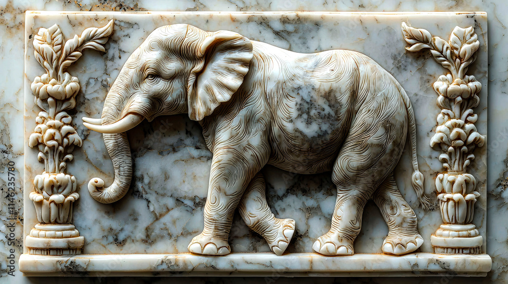 Intricate marble carving of an elephant flanked by ornate pillars. Intricate marble carving of an elephant flanked by ornate pillars.