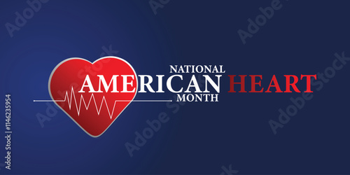 American heart month. Vector banner for social media. Illustration with text American heart month 2025. The U.S. flag in the shape of a heart