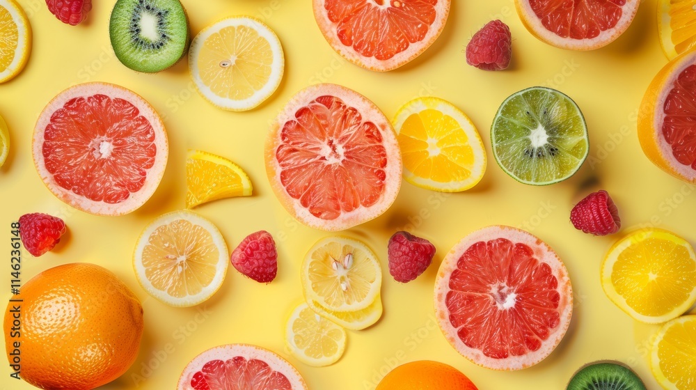 Top view of sliced citrus fruits arranged on a bright yellow background Top view of sliced citrus fruits arranged on a bright yellow background