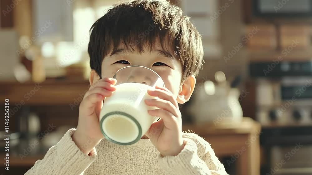 Young child enjoying a glass of milk in a bright kitchen during morning hours with a cheerful expression Young child enjoying a glass of milk in a bright kitchen during morning hours with a cheerful expression