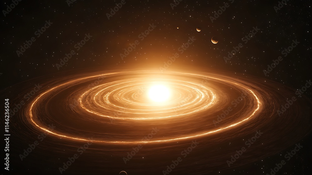 Fototapeta premium Glowing Star System With Planetary Rings and Moons