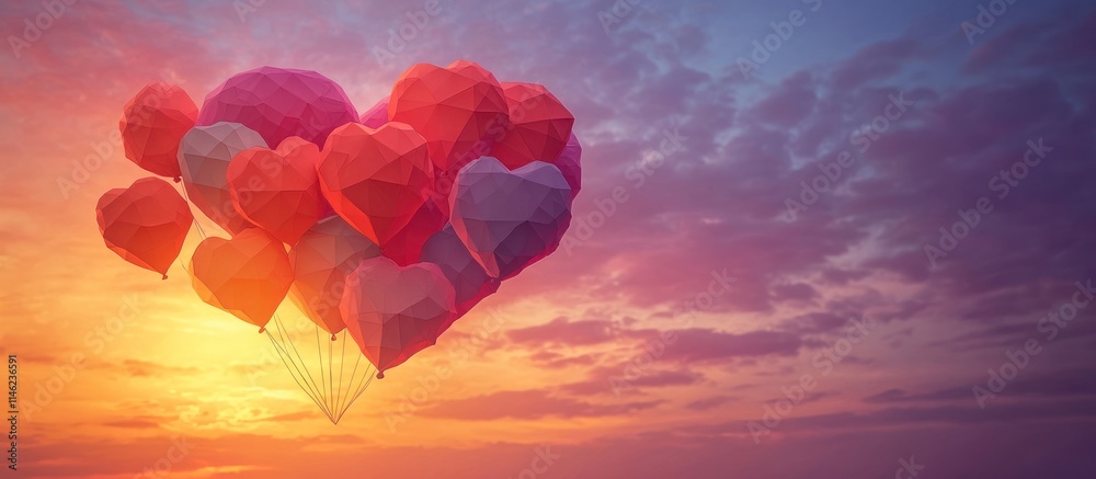 Obraz premium Colorful heart-shaped balloons floating against a sunset sky.