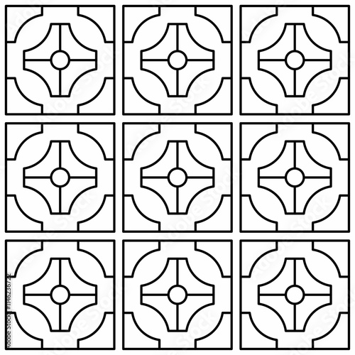 Seamless black and white geometric pattern consisting of straight and curved lines with simple geometric elements. Suitable for backgrounds, wallpapers, textiles and various artistic projects.