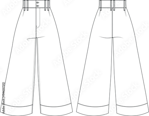 buttoned darted tailored wide leg palazzo mid high rise waist jean denim pant trouser template technical drawing flat sketch cad mockup fashion woman design style model 
