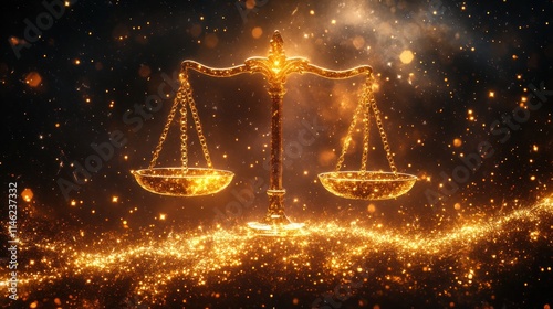 A glowing scales of justice surrounded by sparkling particles, symbolizing fairness and balance. photo